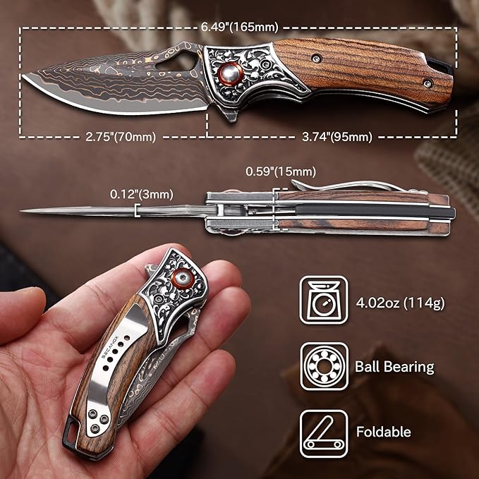 Damascus Pocket Knife Sharp 2.76 Copper Damascus Steel Blade and Wooden Handle Folding Knives for EDC Outdoor Camping Hiking Collection