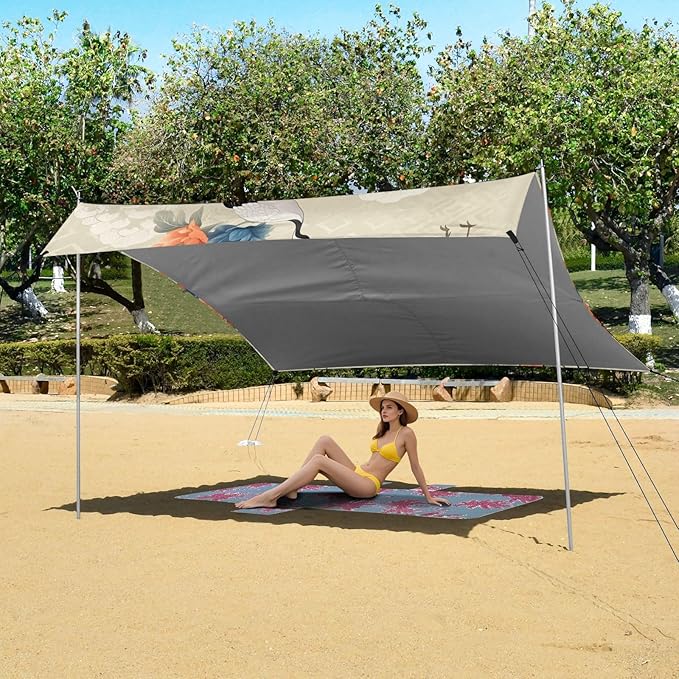 Elegant Floral Cranes Beach Tent Sun Shelter Set UPF50+ UV Protection 10.5 x 9.19 FT Camping Shade Canopy with Sandbags Sand Anchors Carrying Bag and Others