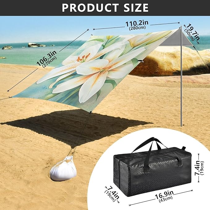 ALAZA A Graceful Collection of Lily Watercolor Beach Tent Sun Shelter Portable Canopy Sunshade for Outdoor Camping Picnics Backyard Fun 10x9 ft