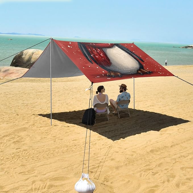 ALAZA Christmas Penguin Beach Tent Sun Shelter UPF50+ Protection Beach Shade Canopy w/ 4 Sandbags for Outdoor Camping Fishing Backyard Fun Picnic 10x9 ft