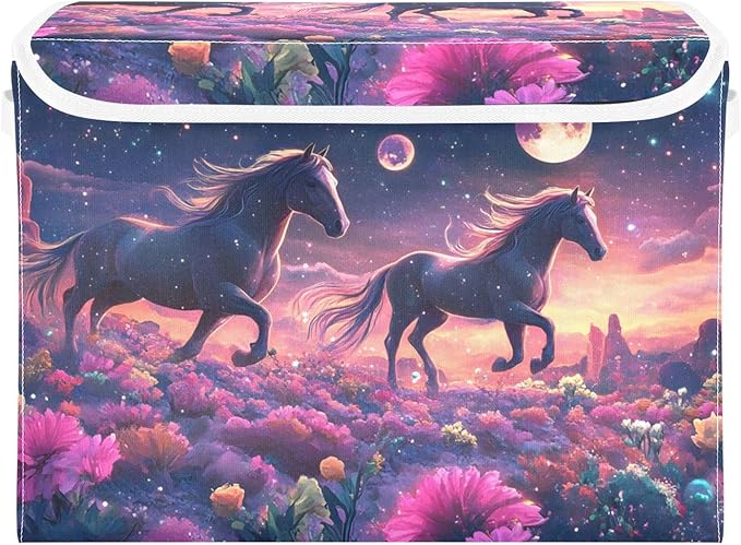 Storage Cube with Lid Surreal Horses Print 16.5×12.6×11.8 IN Collapsible Large Capacity Foldable Storage Basket Bin Organizer