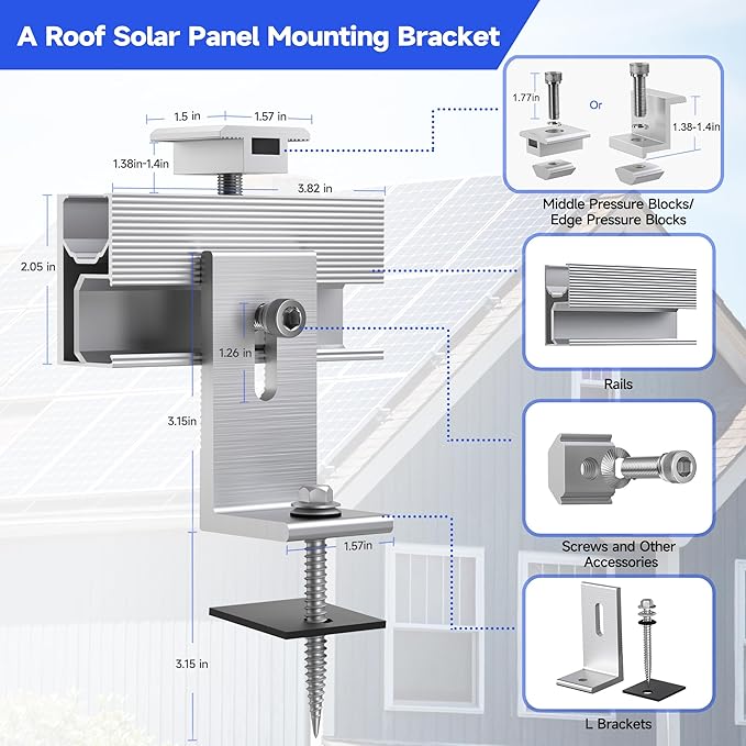 Solar Panel Mounting Brackets Kit 10Pcs Solar Roof Mount Kit for 1-4 Pieces Aluminum Alloy Mount for Flat Pitched Roof Rack Mounting Brackets