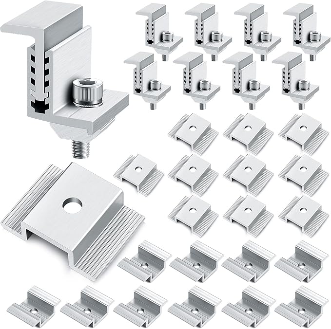 1.06 Inch Solar Panel Bracket Aluminum Solar Mid Clam with Mounting Brackets 32-50 mm Clamps Adjustable End Panel Clamps(28 Pieces)