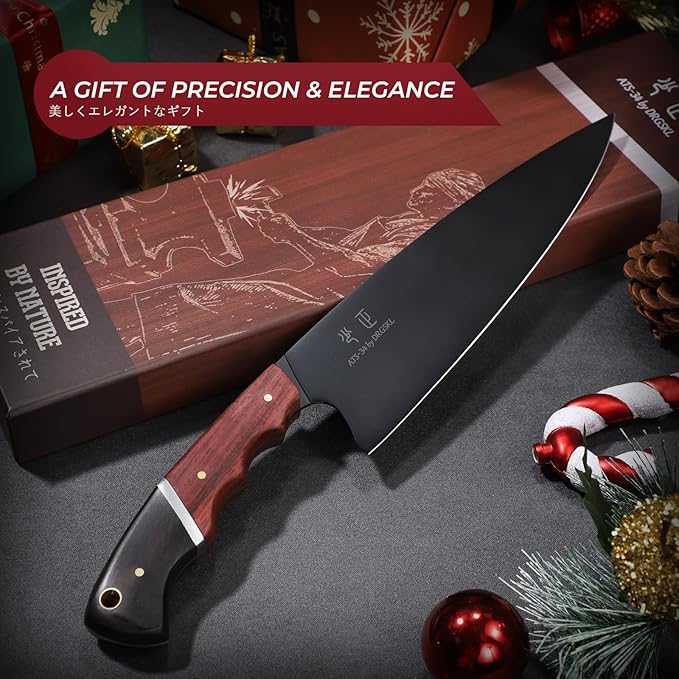 Japanese Chef Knife 8 Inch - Kitchen Knife Forged from a Single Piece of High Carbon ATS-34 Steel Full-Tang Cooking Knife with Walnut Handle for Meat and Vegetables Ideal Gift
