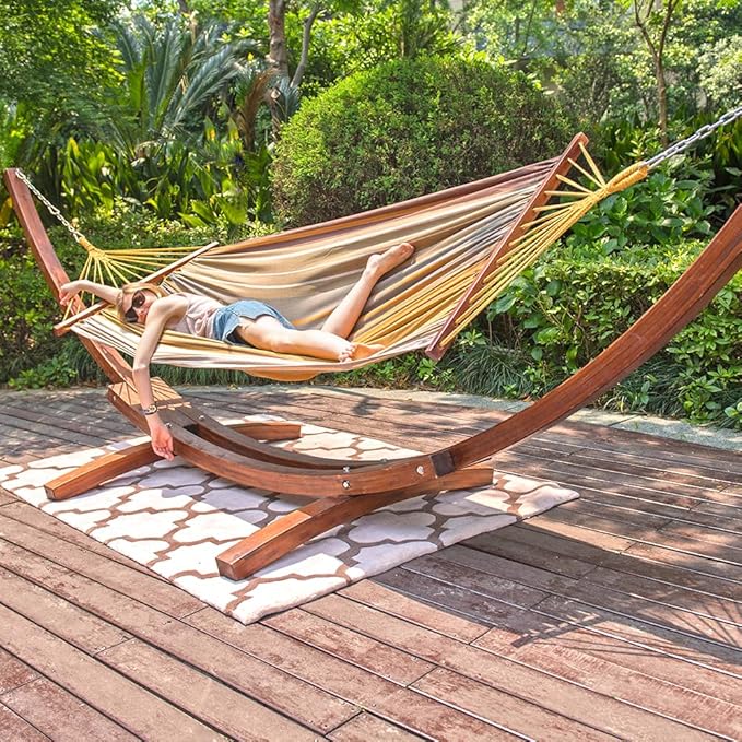 Lazy Daze Hammocks Cotton Fabric Spreader Bar Hammock and 10.5 Ft Wood Arc Hammock Stand Combo for Indoor Outdoor Patio Garden Backyard Khaki and Brown