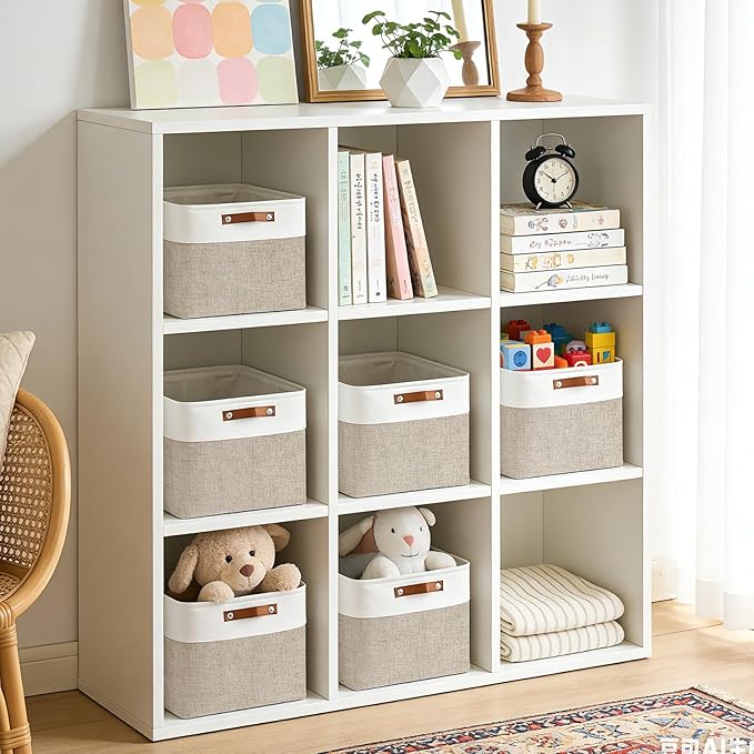 Collapsible Fabric Storage Cubes 11x11 Cube Storage Bins 4 Pack Closet Baskets Box with Handles for Organizing Shelf Toys Clothes Home Office Nursery (Beige&ampWhite)