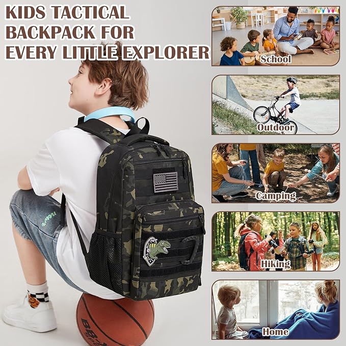 Kids Tactical Backpack Army Molle Bookbag Military Boys Backpack for School Outdoor Camping Black CM