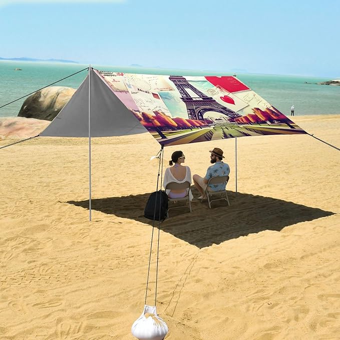 xigua Eiffel Tower Beach Tent Sun Shelter with Carrying Bag - Silver Coated Oxford Fabric Beach Canopy for Beach Camping Fishing - Includes Windproof Ropes Sandbags &amp Stakes