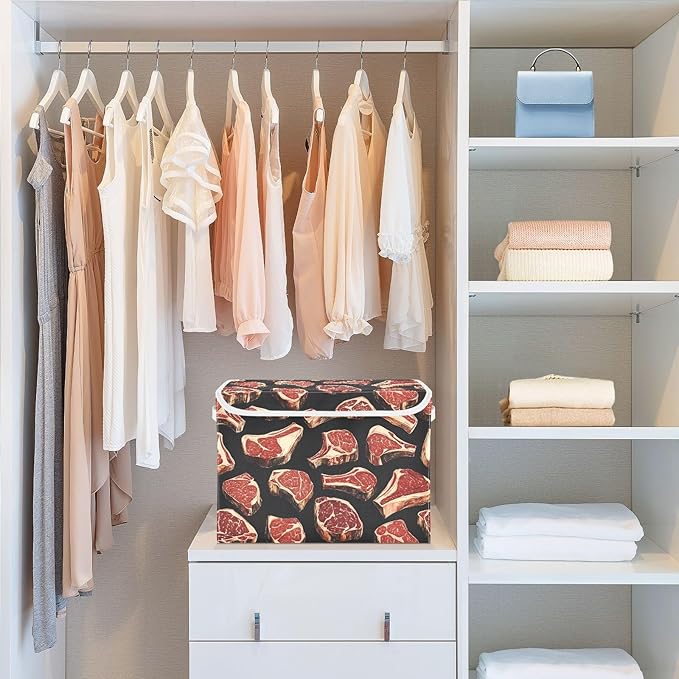 AIXIWAWA Lidded Storage Cube (Meat Pattern) Fabric Foldable Closet Bins with Flip Lid and Handles Organizer Basket Container 16.5 x 12.6 x 11.8 IN