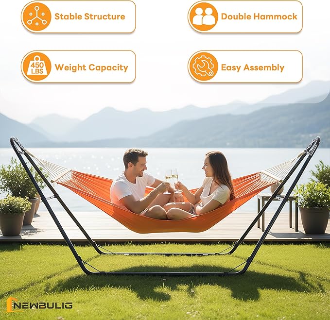 NEWBULIG Double Hammock Stand Only 450 Pound Capacity Fits 9 to 14 Feet Hammocks Heavy Duty Hammock Stand for Outside for Garden Backyard Patio Pool Beach with Carrying Case