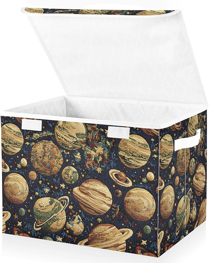 Storage Cube with Lid Embroidery Planet Print 16.5×12.6×11.8 IN Collapsible Large Capacity Foldable Storage Basket Bin Organizer