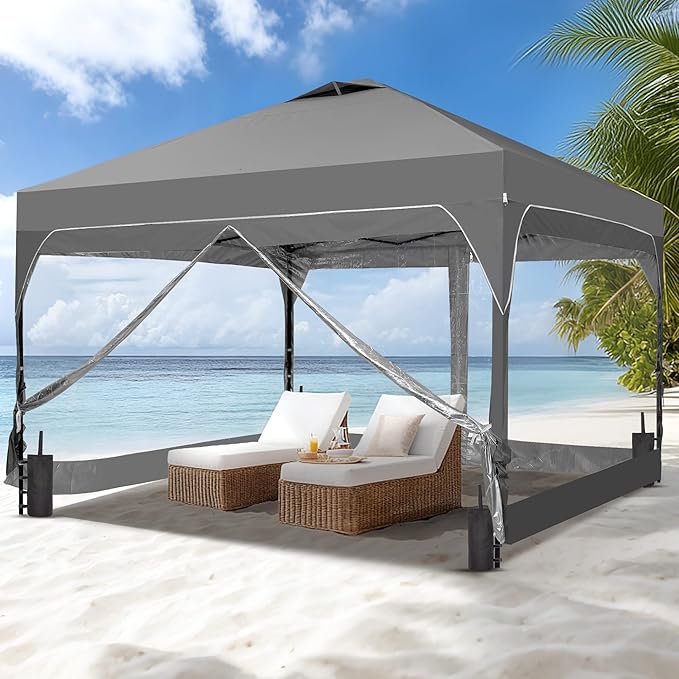 GDY 10x10 FT Pop Up Canopy Tent with One Push SetupSetup Gazebo with 4 PVC Transparent SidewallsEasy Carry for Events Parties Camping Gray