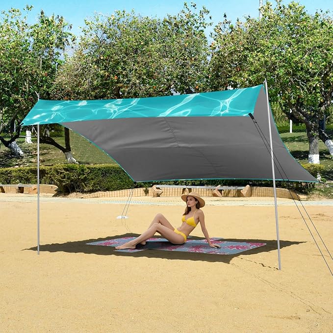 Beach Canopy with Windproof Ropes &amp Sandbags Beach Tent Sun Shade Sun Shelter for Camping Trips Fishing Backyard Fun or Picnics Water Ripples