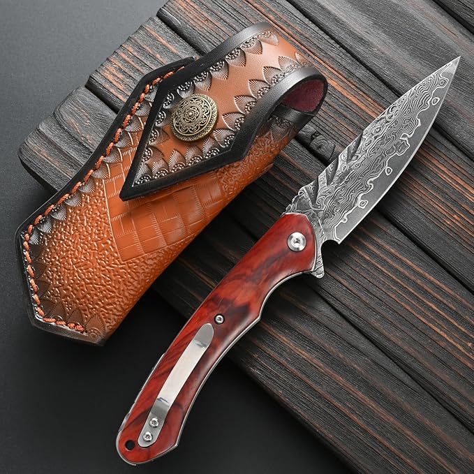 Sitivien ST242 Damascus Steel Folding KnifeFlipper Liner Lock Knife with Damascus VG10 Core BladeDalbergia Handle for Everyday Carry Hunting and Outdoor