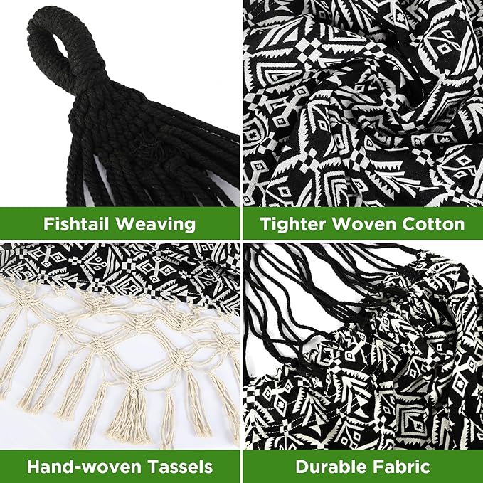 Black with Wirte Bohemian Striped Fringe Double Hammock - Soft Cotton Fabric Outdoor Indoor Hanging Bed with Durable Ropes Space-Saving Design for Garden Patio Backyard Porch Beach Camping