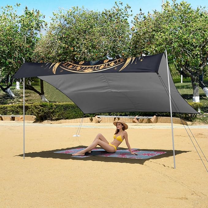 ALAZA Gold Owl Print Boho Beach Tent Sun Shelter UPF50+ Protection Beach Shade Canopy w/ 4 Sandbags for Outdoor Camping Fishing Backyard Fun Picnic 10x9 ft
