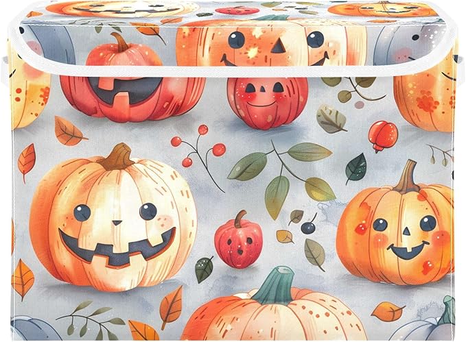 senya Halloween Baskets Collapsible Storage Bins with Lids Halloween Pumpkins Cute Leaves Storage Boxes Clothes Baskets for Organizing