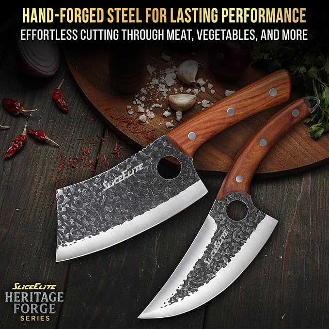 SliceElite 2PCS Hand-Forged Butcher Knife Set | Cleaver &amp Viking Knives for Meat Cutting | Professional Chef Knife Gift Box Perfect BBQ Tool for Men