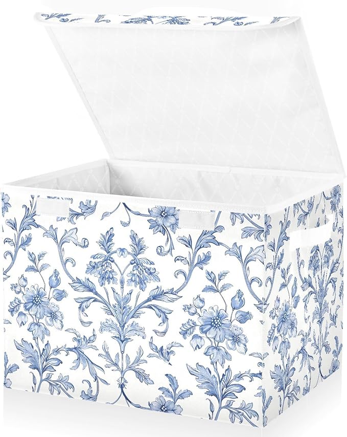 susiyo Large Foldable Storage Bin with Flip-Top Lid Blue Chinoiseries Flowers Storage Box Collapsible Closet Organizer Containers Boxes Decorative Baskets with Handles for Home Bedroom Living Room Of