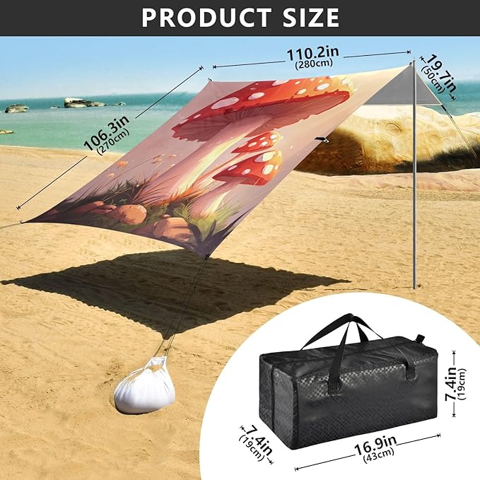 ALAZA Cartoon Red Mushrooms Beautiful Beach Tent Sun Shelter Portable Canopy Sunshade for Outdoor Camping Picnics Backyard Fun 10x9 ft