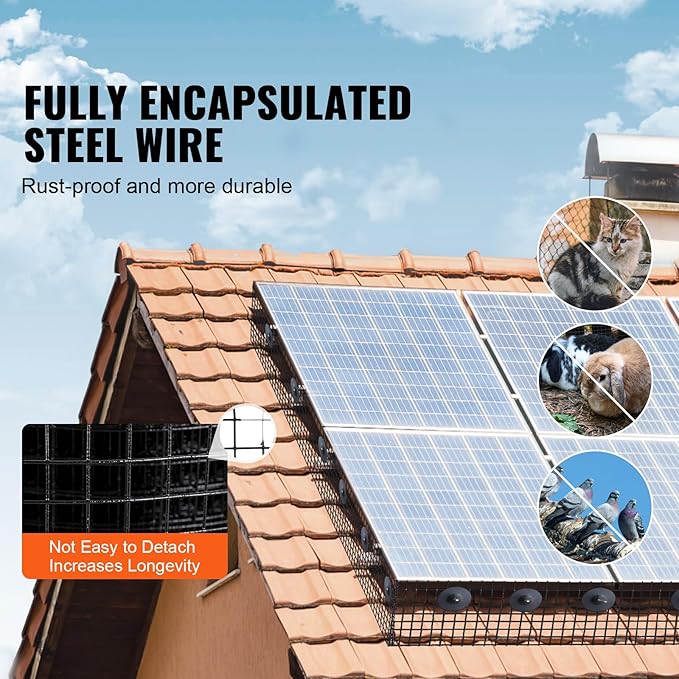 VEVOR 8inch x 98ft Critter Guard for Solar Panels PVC Coated Wire Mesh Roll Kit with 50pcs Ties for Pigeon Deterrent Bird Squirrel Proof Black