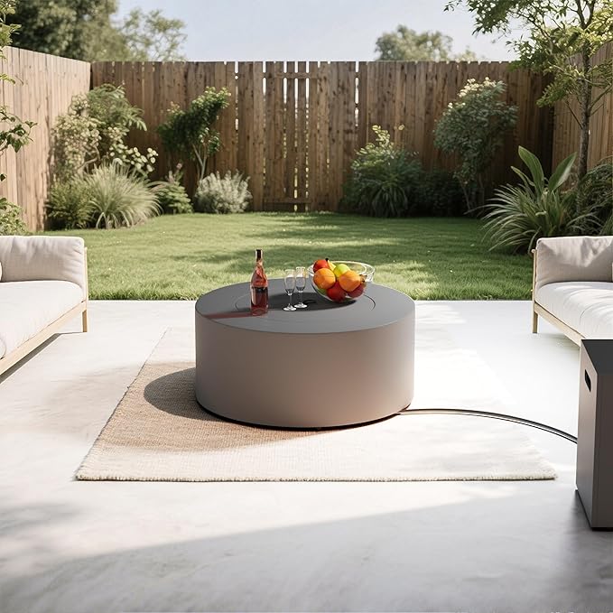 2-Piece 30 Round Propane Fire Pit for Outside Patio with Hidden Tank Table 50000 BTU Fireplaces with Lid Glass Rocks Cover(Dark Grey)