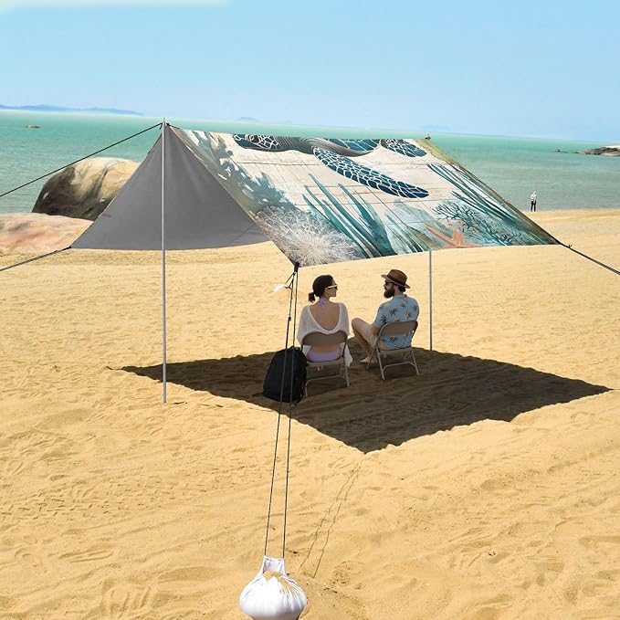 ALAZA Sea Turtle Age of Sail Beach Tent Sun Shelter UPF50+ Protection Beach Shade Canopy w/ 4 Sandbags for Outdoor Camping Fishing Backyard Fun Picnic 10x9 ft