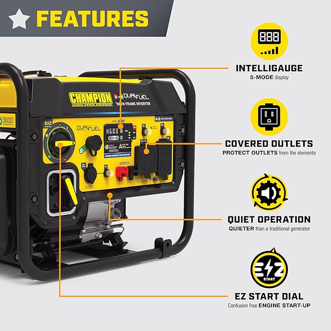 Champion Power Equipment 5500-Watt Dual Fuel RV Ready Portable Open Frame Inverter Generator with Quiet Technology and CO Shield CARB Compliant