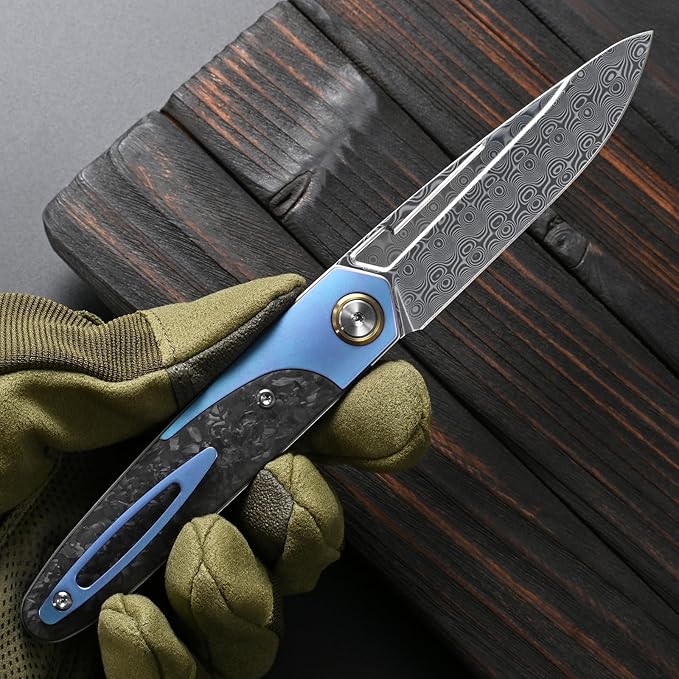 Sitivien ST245 Damascus Steel Folding Knives with Liner Lock Ball BearingTitanium Carbon Fiber Handle EDC Damascus Knife for Men Women(Blue)