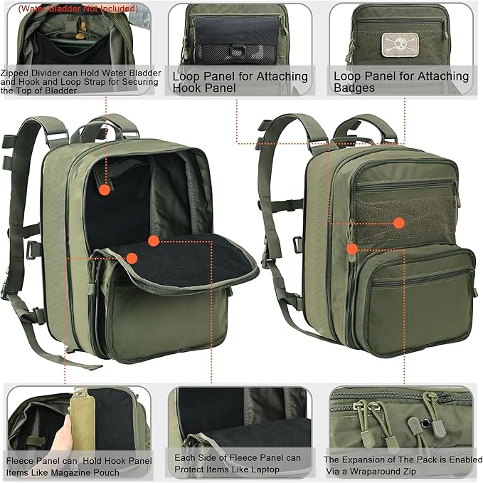 Tactical Expandable Flatpack Chest Rig Backpack MOLLE Assault Pack Hydration Pack for PC Vest (Ranger Green)