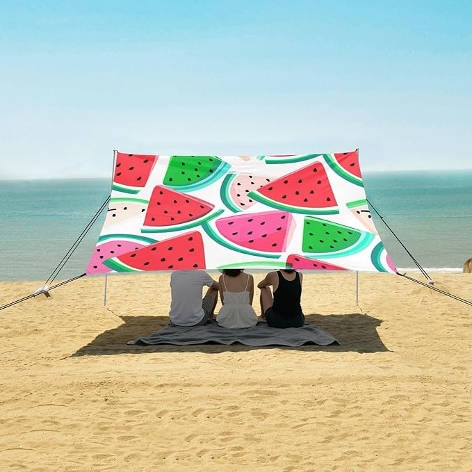 xigua Watermelon Beach Tent Sun Shelter with Carrying Bag - Silver Coated Oxford Fabric Beach Canopy for Beach Camping Fishing - Includes Windproof Ropes Sandbags &amp Stakes