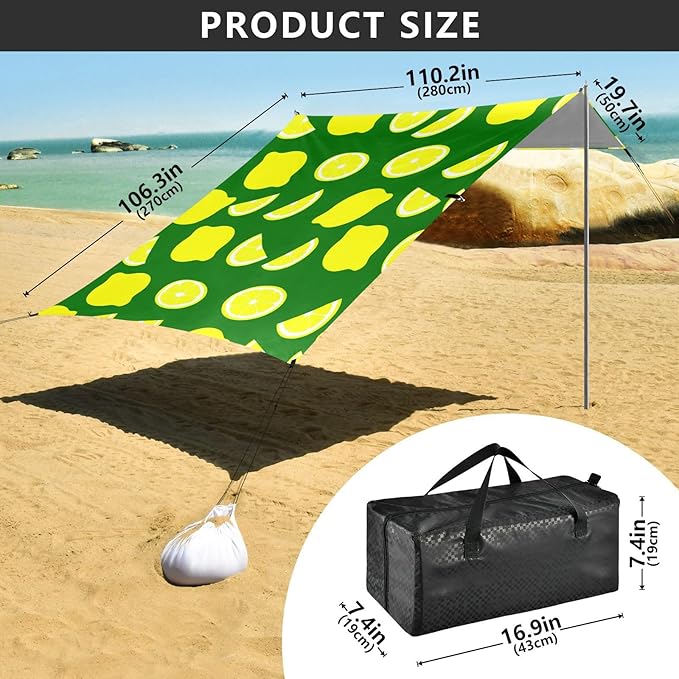 Beach Canopy with Windproof Ropes &amp Sandbags Beach Tent Sun Shade Sun Shelter for Camping Trips Fishing Backyard Fun or Picnics Lemon