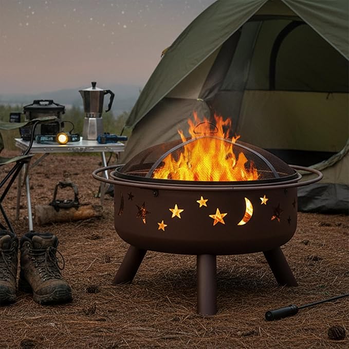 Sunnydaze Cosmic 30-Inch Patio Fire Pit for Outside - Outdoor Wood-Burning Fire Pit with Grill Grate Spark Screen and Fireplace Poker