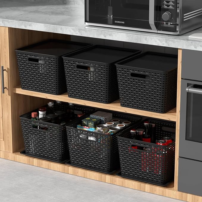6-Pack Plastic Storage Baskets with Lid Lidded Storage Organizer Bin Black
