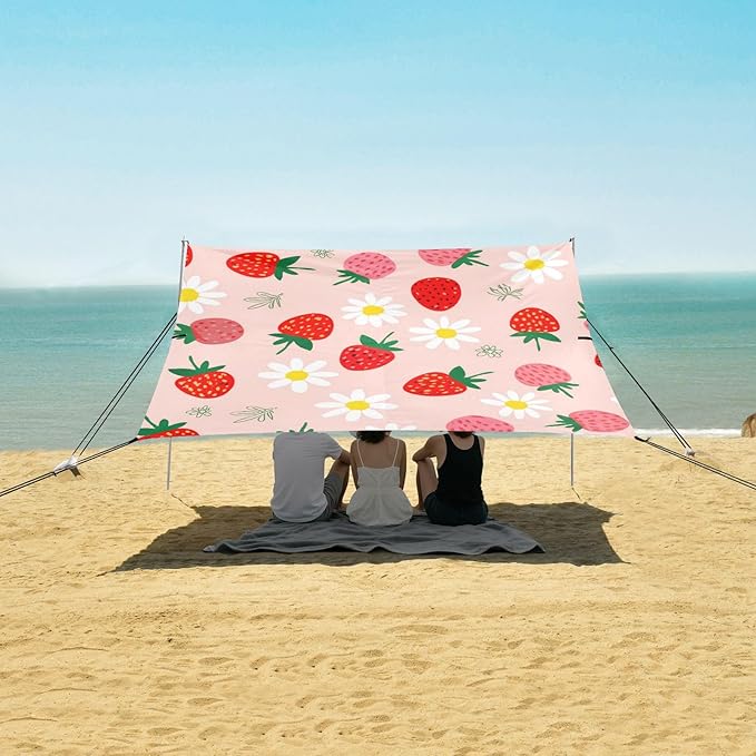 Beach Canopy with Windproof Ropes &amp Sandbags Beach Tent Sun Shade Sun Shelter for Camping Trips Fishing Backyard Fun or Picnics Strawberry