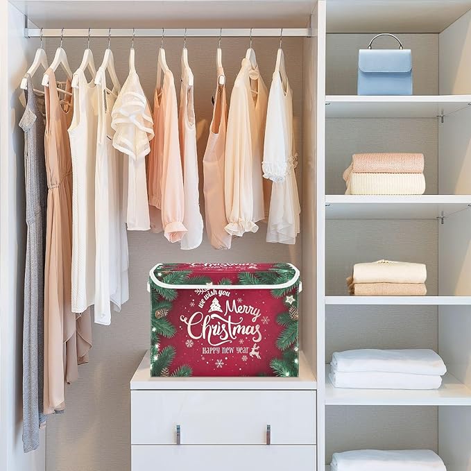 senya Christmas Storage Baskets Collapsible Storage Bins with Lids Merry Christmas Happy New Year Storage Boxes Clothes Baskets for Organizing