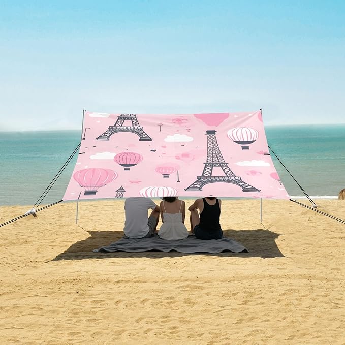 ALAZA Paris Eiffel Tower Hot Air Balloon Pink Beach Tent Sun Shelter Portable Canopy Sunshade for Outdoor Camping Picnics Backyard Fun 10x9 ft