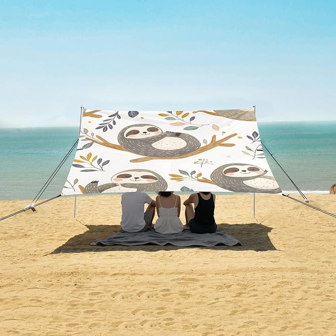 ALAZA Cute Sloths Hand Drawn Animal Beach Tent Sun Shelter Portable Canopy Sunshade for Outdoor Camping Picnics Backyard Fun 10x9 ft