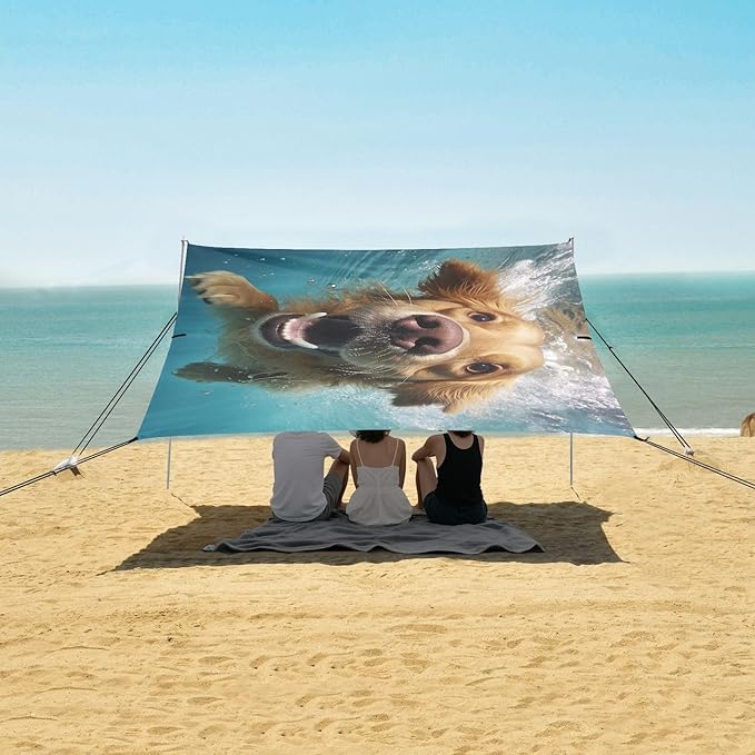 ALAZA Dog Golden Retriever Underwater Beach Tent Sun Shelter UPF50+ Protection Beach Shade Canopy w/ 4 Sandbags for Outdoor Camping Fishing Backyard Fun Picnic 10x9 ft