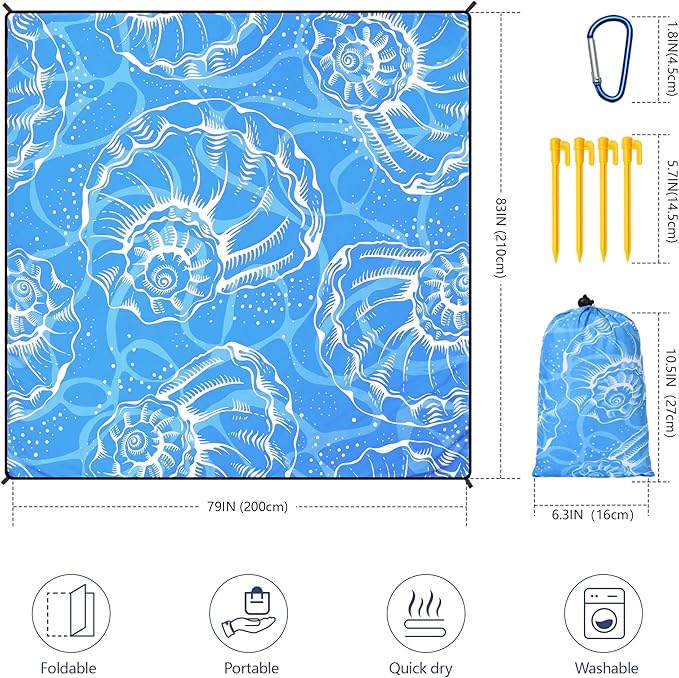 Beach Blanket Waterproof Sandproof Beach Mat 79 X 83/10'x9'for 2-8 Adults Quick Drying Outdoor Picnic Mat Beach Accessories for Travel Camping Hiking