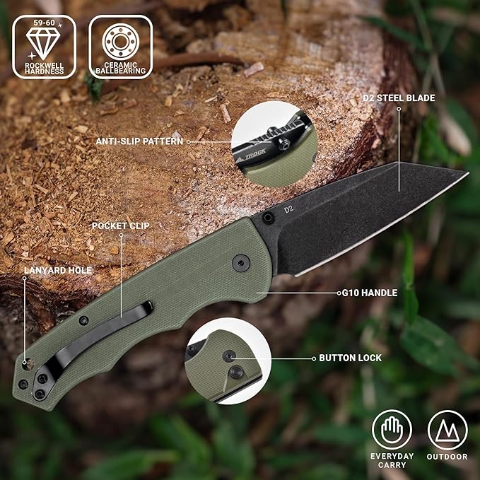 Pocket Knife - 3.39 EDC Knife D2 Blade Black Stonewashed Finish Folding Knife - G10 Handle with Thumb Stud - Pocket Knife for Men Women - Camping Hiking Survival Knife
