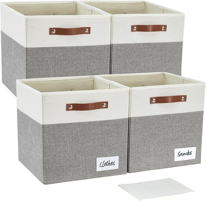 Collapsible Fabric Storage Cube Bins with 2 Reinforced PU Handles Foldable Storage Organizer Baskets for Closet Shelves Living Room | 13x13x13 4 Pack Gray &amp White