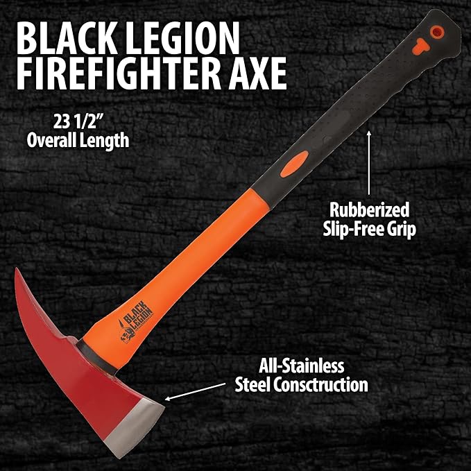 Black Legion Firefighter Axe | All-Stainless Steel Construction | Striking Red Axe Head | No-Slip Rubberized Handle | 4 Blade | 23 1/2 Overall