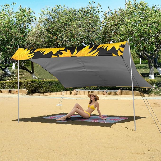Beach Canopy with Windproof Ropes &amp Sandbags Beach Tent Sun Shade Sun Shelter for Camping Trips Fishing Backyard Fun or Picnics Sunflower