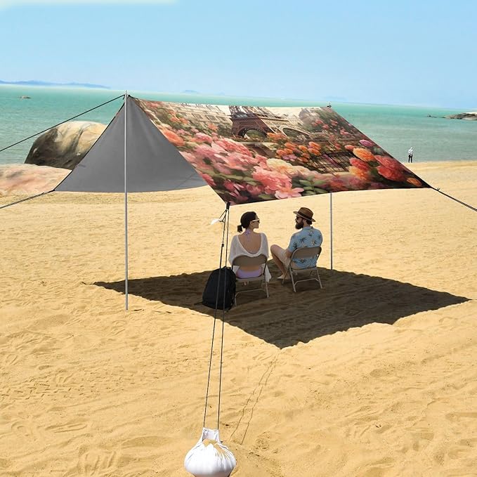 ALAZA Lovely Eiffel Tower Flowers Beach Tent Sun Shelter Portable Canopy Sunshade for Outdoor Camping Picnics Backyard Fun 10x9 ft