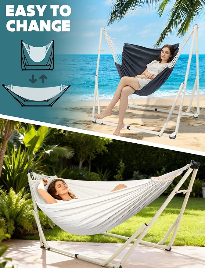 Anyoo 2 in 1 Hammock and Swinging Chair with Collapsible Steel Stand &amp Carrying CasePortable &amp AdjustableEasy Set Up for OutdoorIndoorPorch SwingPatioGardenCamping Trip