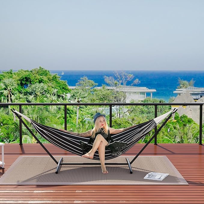 GAOMON Double Hammock with Steel Stand for Outside Portable Space Saving for Indoor Outdoor Patio w/Carrying Bag 450 lbs Capacity - Onyx Stripes