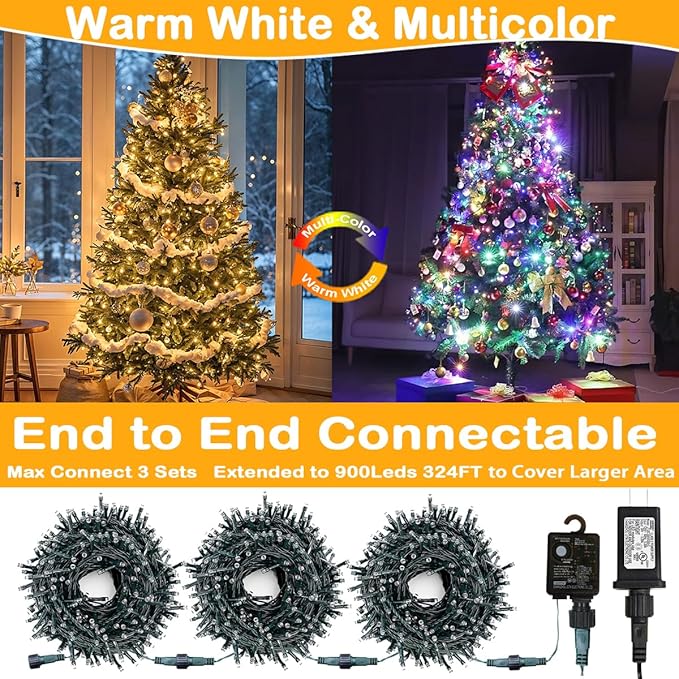 300 LED Christmas String Lights Outdoor Indoor Color Changing with Remote/Timer 108FT 11 Modes Waterproof Warm White and Multi Color Christmas Lights Plug in for Tree Garden Decoration