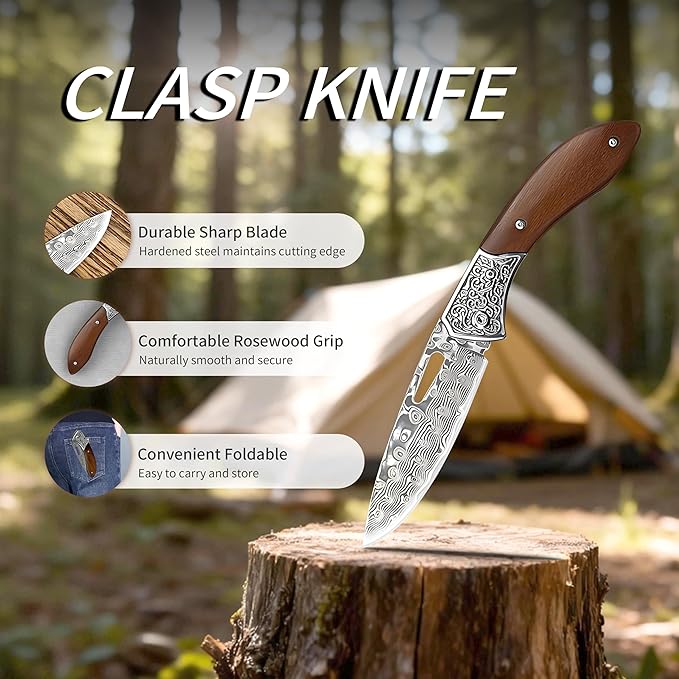 Damascus Steel Folding Knife 7.1 Multi-Purpose Pocket Knife Red sandalwood handle with a sharp blade suitable for cutting meat carving wood and outdoor activities(style C)