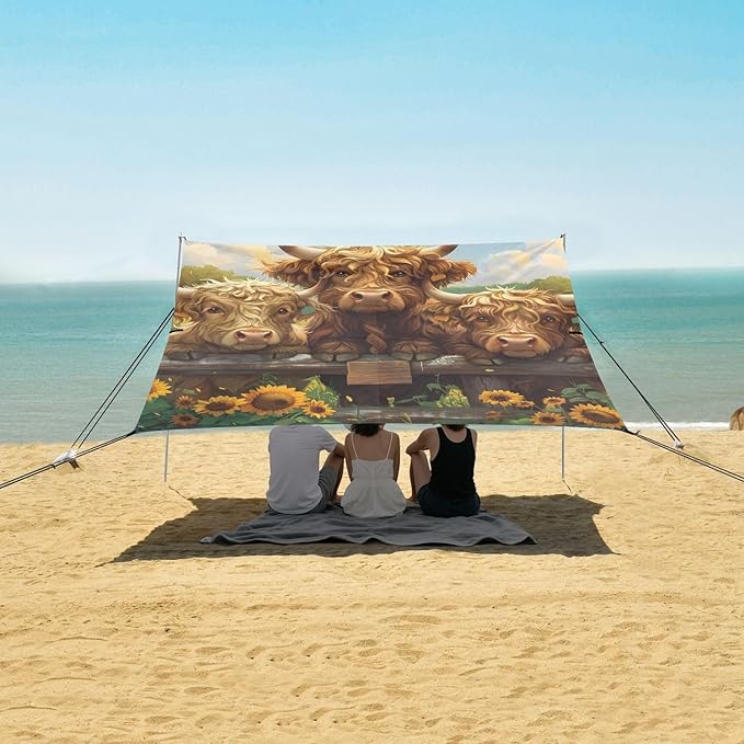 ALAZA Sunflower Highland Cattle Beach Tent Sun Shelter Portable Canopy Sunshade for Outdoor Camping Picnics Backyard Fun 10x9 ft